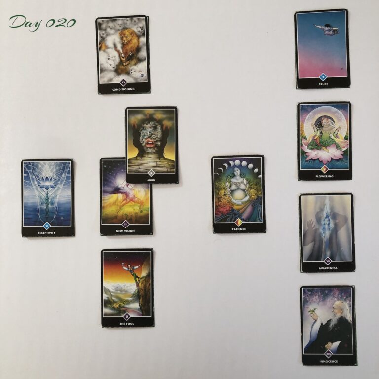 Celtic Cross Layout of daily cards.1 is Now, card is New Vision.2 is Influence, card is Mind.3 is Goal, card is Conditioning.4 is Distant Past, card is Patience.5 is Recent Past, card is The Fool.6 is Future Energy, card is Receptivity.7 is Feelings, card is Innocence.8 is Others’ views, card is Awareness.9 is Hopes & Fears, card is Flowering. 10 is Outcome, card is Trust.