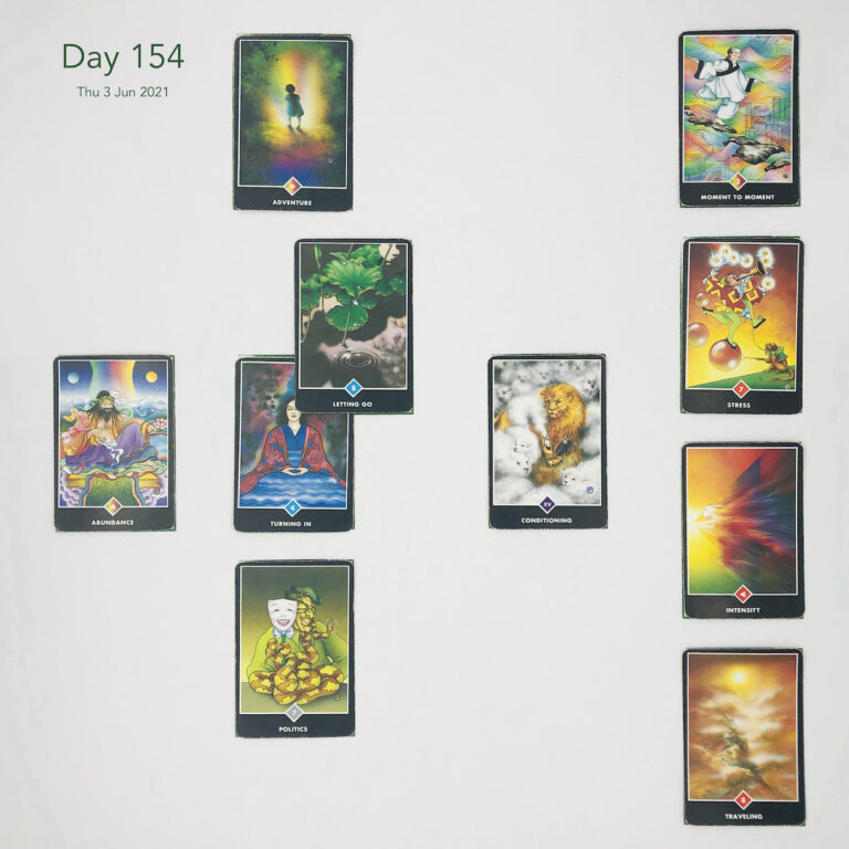 Day 154. Celtic Cross Layout: 1 is Now Control. 2 is Influence Guilt. 3 is Goal Completion. 4 is Distant Past Sharing. 5 is Recent Past Healing. 6 is Future Energy Rebirth. 7 is Feelings or Immediate Future The Dream. 8 is Others' Views Harmony. 9 is Hope & Fears Courage. 10 is Outcome Ordinariness