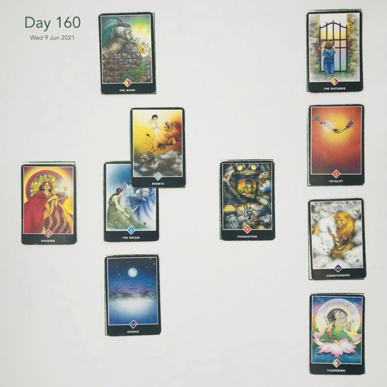 Day 160. Celtic Cross Layout: 1 is Now The Dream. 2 is Influence Rebirth. 3 is Goal The Miser. 4 is Distant Past Exhaustion. 5 is Recent Past Silence. 6 is Future Energy Sharing. 7 is Feelings or Immediate Future Flowering. 8 is Others' Views Conditioning. 9 is Hope & Fears Totality. 10 is Outcome The Outsider