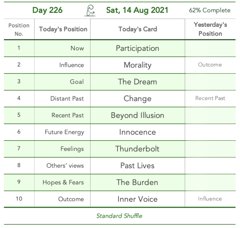 Day 226. Cards in order of appearance: Participation, Morality, The Dream, Change, Beyond Illusion, Innocence, Thunderbolt, Past Lives, The Burden, Inner Voice, Standard Shuffle