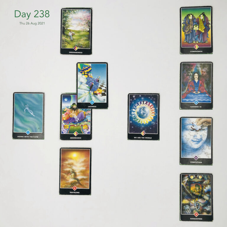 Improvement. Day 238. Cards in order of appearance: Abundance, Laziness, Ordinariness, We are the World, Traveling, Going with the Flow, Exhaustion, Completion, Turning In, Compromise, Standard Shuffle