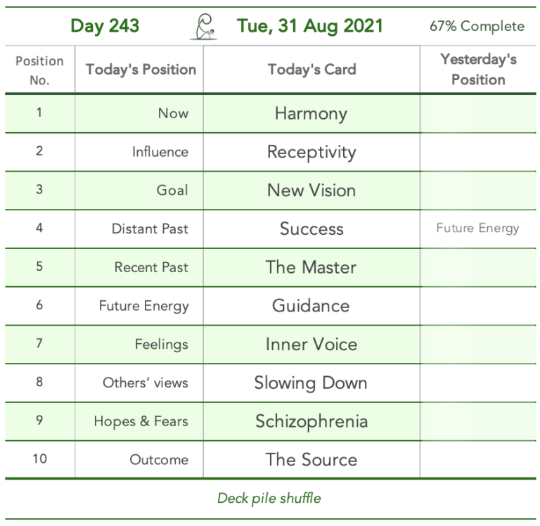 Birthdays. Day 243. Cards in order of appearance: Harmony, Receptivity, New Vision, Success, The Master, Guidance, Inner Voice, Slowing Down, Schizophrenia, The Source, Deck pile shuffle
