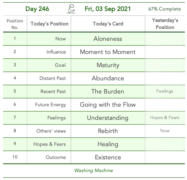 Life on Mars. Day 246. Cards in order of appearance: Aloneness, Moment to Moment, Maturity, Abundance, The Burden, Going with the Flow, Understanding, Rebirth, Healing, Existence, Washing Machine