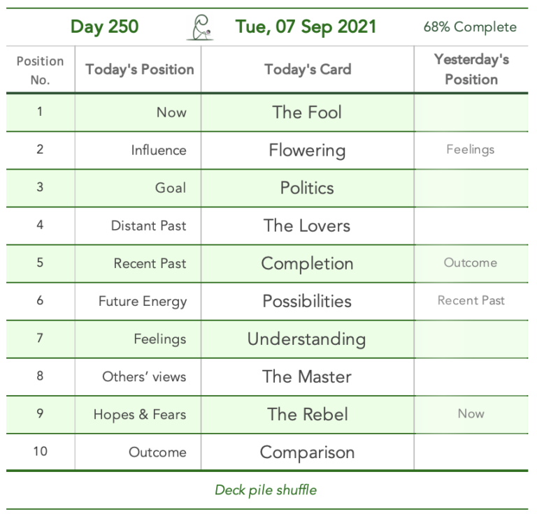 Day 250. Renovator Choice. Cards in order of appearance: The Fool, Flowering, Politics, The Lovers, Completion, Possibilities, Understanding, The Master, The Rebel, Comparison, Deck pile shuffle