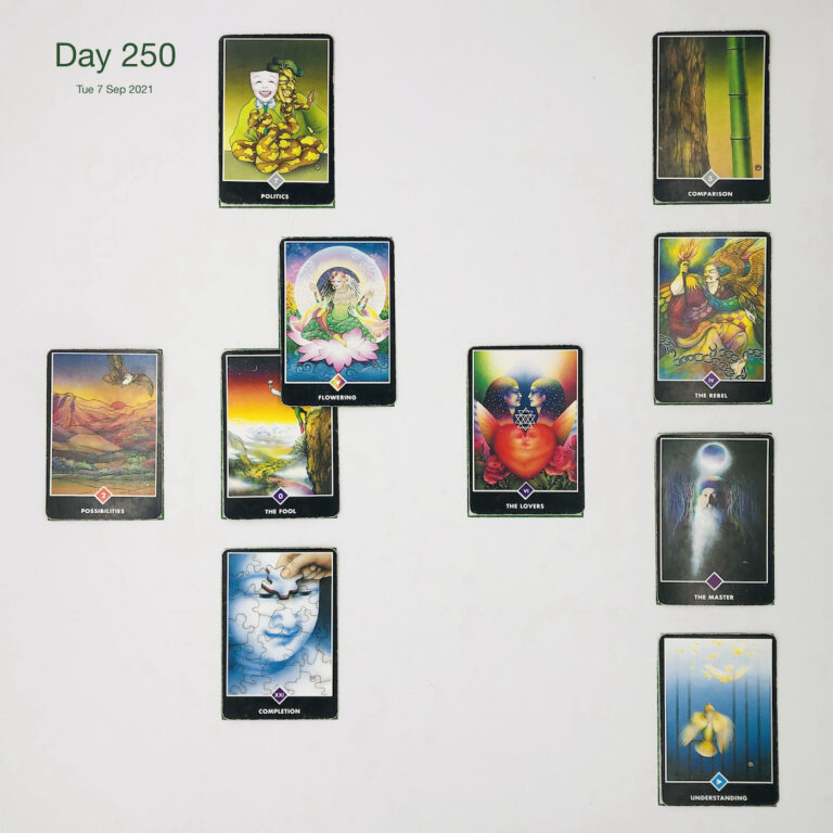 Day 250. Renovator. Cards in order of appearance: The Fool, Flowering, Politics, The Lovers, Completion, Possibilities, Understanding, The Master, The Rebel, Comparison, Deck pile shuffle