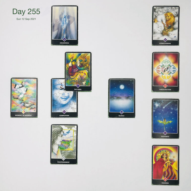 Day 255. ABBA. Cards in order of appearance: Completion, The rebel, Awareness, Silence, Postponement, Moment to Moment, Sharing, Existence, Participation, Conditioning, Deck pile shuffle