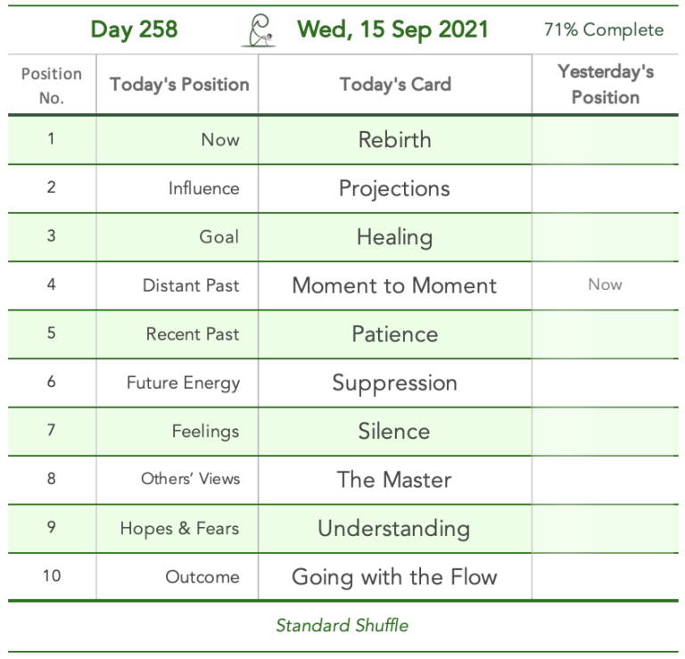 Day 258. Vanity's Kick. Cards in order of appearance: Rebirth, Projections, Healing, Moment to Moment, Patience, Suppression, Silence, The Master, Understanding, Going with the Flow, Standard Shuffle
