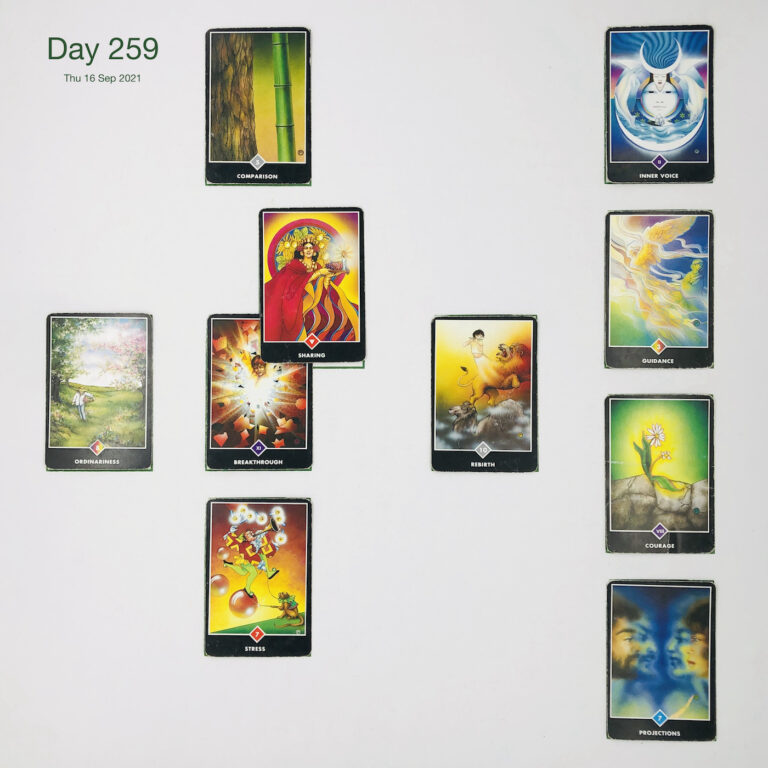 Day 259. Emotional Variance. Cards in order of appearance: Breakthrough, Sharing, Comparison, Rebirth, Stress, Ordinariness, Projections, Courage, Guidance, Inner Voice, Deck pile shuffle