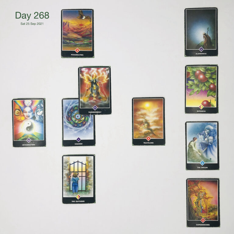 Day 268. Cards in order of appearance: Change, Thunderbolt, Possibilities, Traveling, The Outsider, Integration, Experiencing, The Dream, Ripeness, Aloneness, Deck pile shuffle