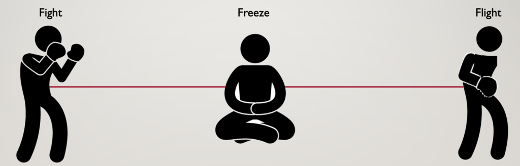 Image illustrating Fight, Freeze, Flight spectrum. The spectrum is a horizontal line. On top of the line are stylised figures. Extreme left is a boxing figure, in the centre is a cross-legged meditator, and on the extreme right a figure walking away from others.