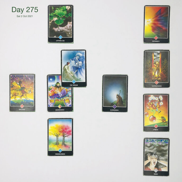 Day 275. Elation. Cards in order of appearance: Abundance, The Dream, Letting Go, Aloneness, Friendliness, Success, Guilt, Stress, Suppression, Intensity, Washing Machine