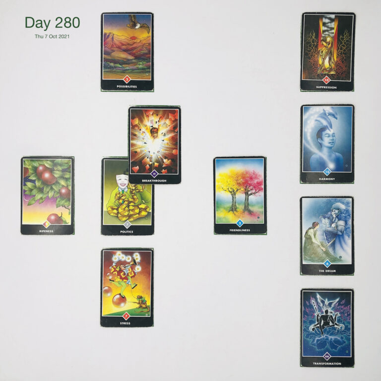 Day 280. Say No. Cards in order of appearance: Politics, Breakthrough, Possibilities, Friendliness, Stress, Ripeness, Transformation, The Dream, Harmony, Suppression, Deck pile shuffle