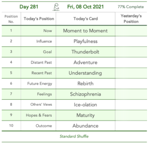 Day 281. Thin etiquette. Cards in order of appearance: Moment to Moment, Playfulness, Thunderbolt, Adventure, Understanding, Rebirth, Schizophrenia, Ice-olation, Maturity, Abundance, Standard Shuffle