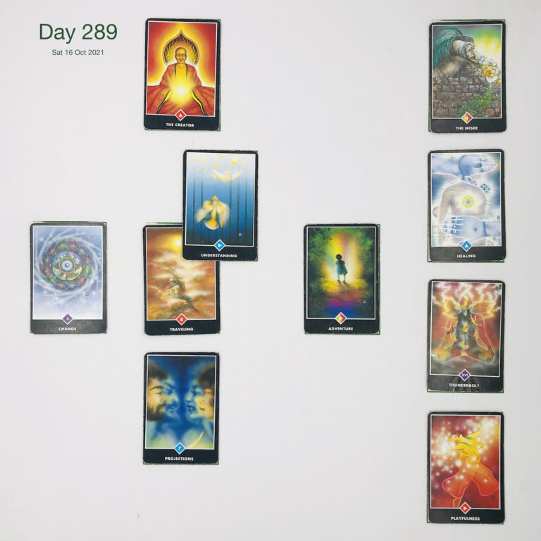 Day 289. Secret Santa. Cards in order of appearance: Traveling, Understanding, The Creator, Adventure, Projections, Change, Playfulness, Thunderbolt, Healing, The Miser, Deck pile shuffle