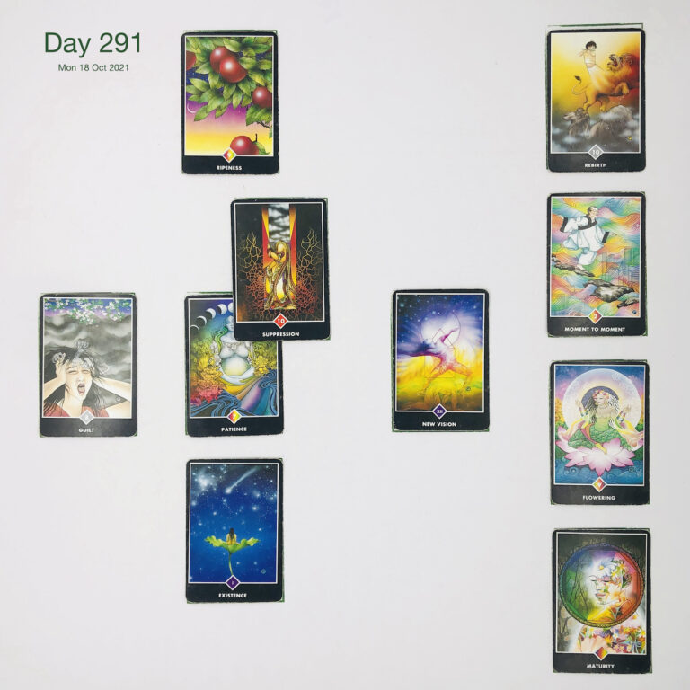 Day 291. Resigning in Words with Friends. Cards in order of appearance: Patience, Suppression, Ripeness, New Vision, Existence, Guilt, Maturity, Flowering, Moment to Moment, Rebirth, Standard Shuffle