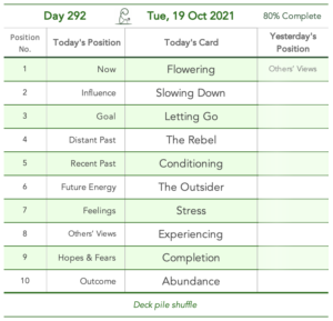 Day 292. Kids these days. Cards in order of appearance: Flowering, Slowing Down, Letting Go, The Rebel, Conditioning, The Outsider, Stress, Experiencing, Completion, Abundance, Deck pile shuffle