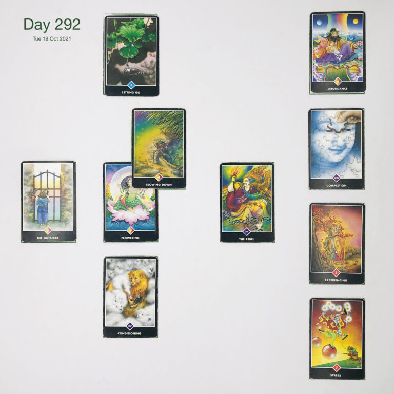 Day 292. Kids these days. Cards in order of appearance: Flowering, Slowing Down, Letting Go, The Rebel, Conditioning, The Outsider, Stress, Experiencing, Completion, Abundance, Deck pile shuffle