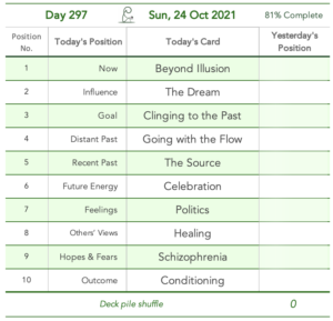 Day 297. Pets discarded. Cards in order of appearance: Beyond Illusion, The Dream, Clinging to the Past, Going with the Flow, The Source, Celebration, Politics, Healing, Schizophrenia, Conditioning, Deck pile shuffle