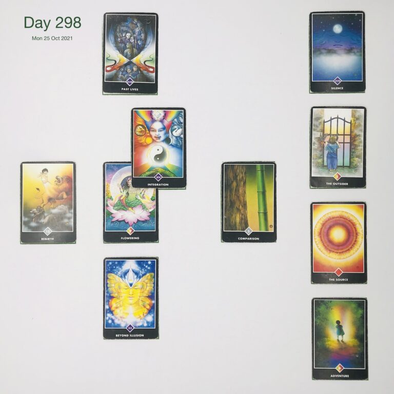 Day 298. Cards in order of appearance: Flowering, Integration, Past Lives, Comparison, Beyond Illusion, Rebirth, Adventure, The Source, The Outsider, Silence, Deck pile shuffle