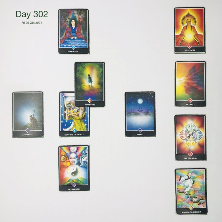 Day 302. Too Old. Cards in order of appearance: Clinging to the Past, Adventure, Turning In, Silence, Integration, Aloneness, Moment to Moment, Participation, Intensity, The Creator, Standard Shuffle