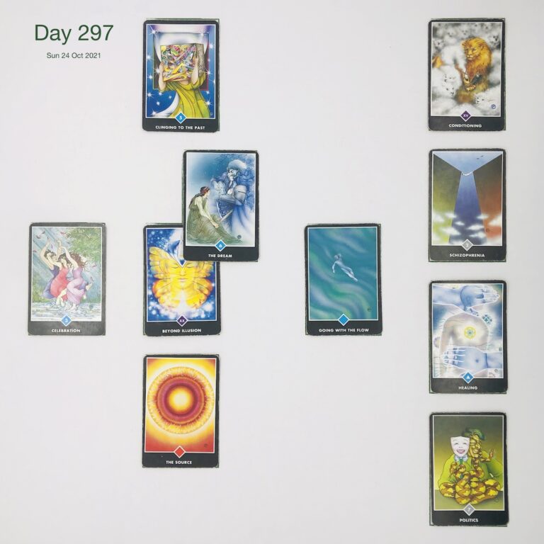 Day 297. Discarding Pets. Cards in order of appearance: Beyond Illusion, The Dream, Clinging to the Past, Going with the Flow, The Source, Celebration, Politics, Healing, Schizophrenia, Conditioning, Deck pile shuffle