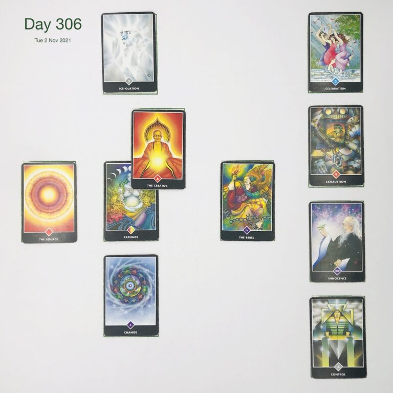 Day 306. Cards in order of appearance: Patience, The Creator, Ice-olation, The Rebel, Change, The Source, Control, Innocence, Exhaustion, Celebration, Deck pile shuffle